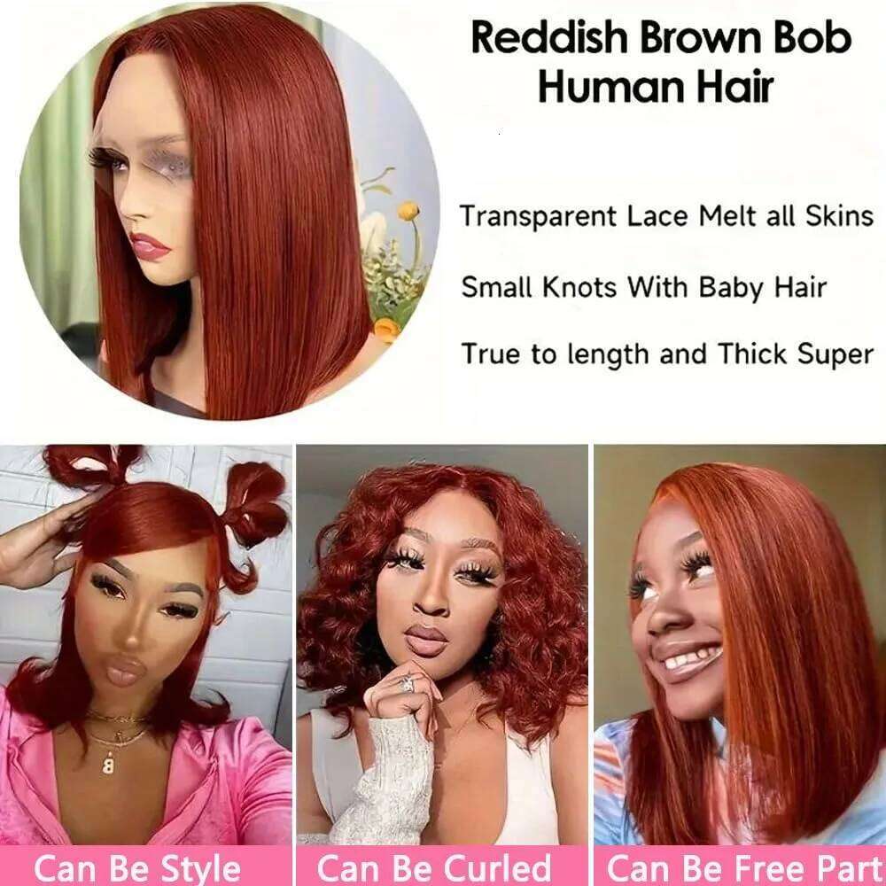 Reddish Brown Human Hair 13x4 Frontal Wig 180% Density Colored HD Transparent Short Bob Lace Front Wigs Pre Plucked