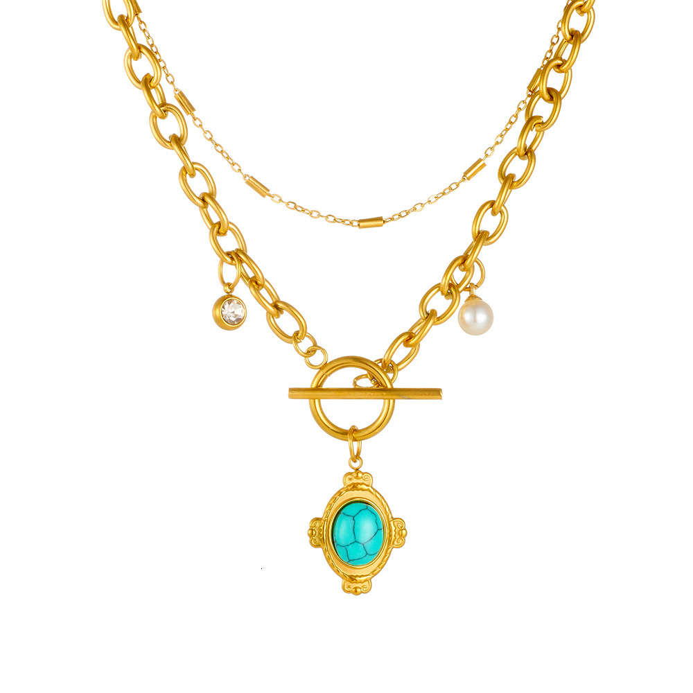 Fashion Style Personality Exaggerated Buckle Inlaid Pearl Turquoise Necklace for Women Titanium Steel Non-Fading Jewelry