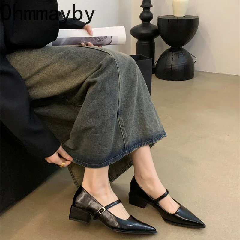 Retro Style Thick Heel Women Mary Jane Shoes Fashion Shallow Pointed Toe Ladies Comfort Office Pumps Footwear 250703
