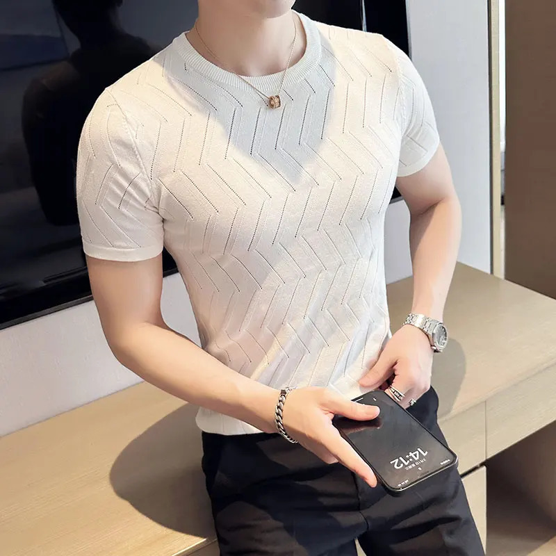 Summer Fashion Hollow Knitted Short Sleeve T-Shirts For Men Clothing O-Neck Breathable Casual Slim Fit Tee Shirt Homme Sale 250614