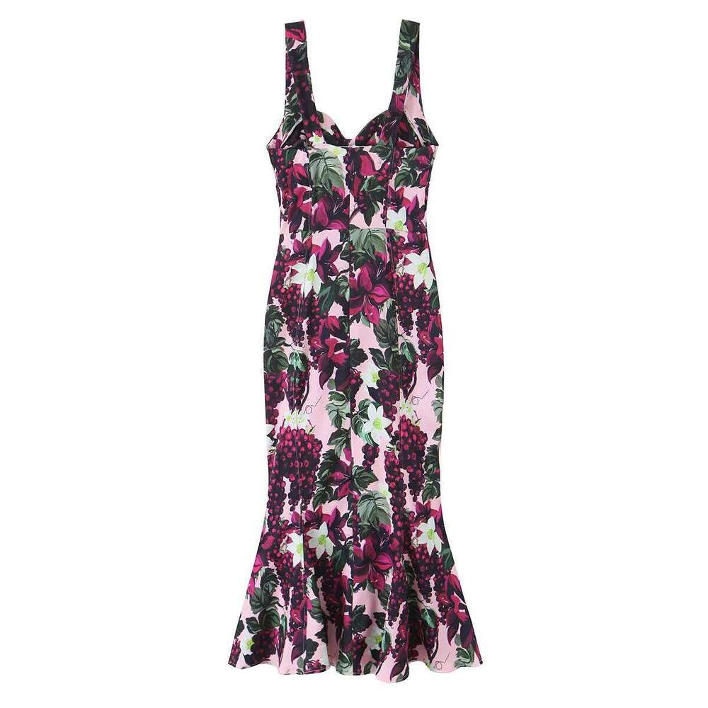Womens Sleeveless Wide Strap Heart Shaped Neck Mid - Length Printed Dress With Wavy Hem Stylish And Graceful