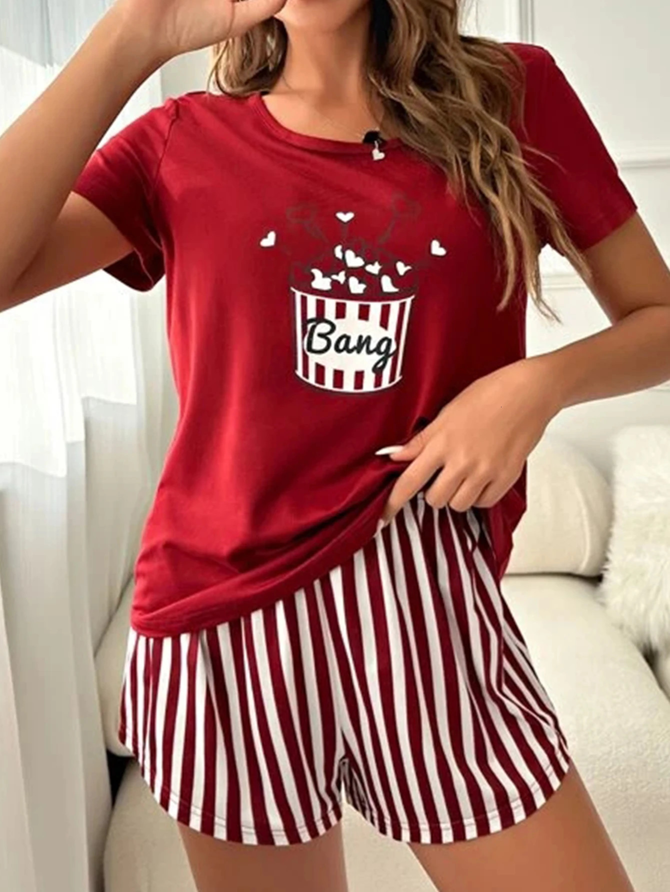 Women Pajamas Set Sleepwear Summer Popcorn Print Short Sleeve Round Neck Top Allover Prints Strip Shorts Casual Loungewear Set 250611