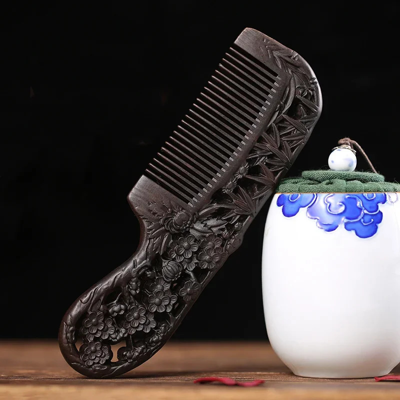 Natural Black Sandalwood Comb Handmade Carving Anti-Static Fine Tooth Handle Wooden Massage Scalp Comb Hair Styling Womens Gift 250612