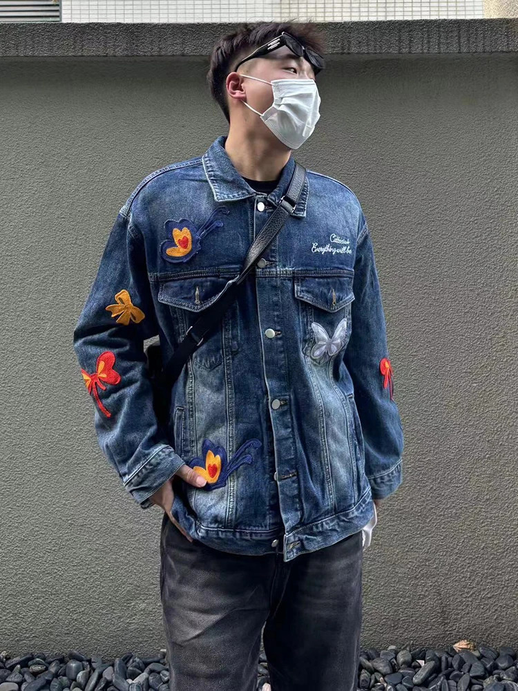 REDDACHIC Butterfly Patches Men Denim Jacket Wash Distressed Flap Pockets Long Sleeves Singlebreasted Coat Y2k Retro Outerwear 250614
