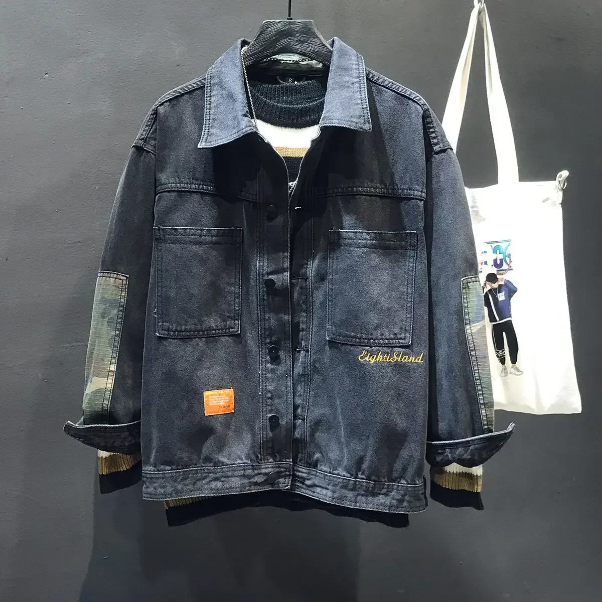 Jeans Coat for Men Wide Sleeves Black Denim Jackets Man Cargo Camouflage Fashion Big Size in One Piece Washed G Vintage L S 250614