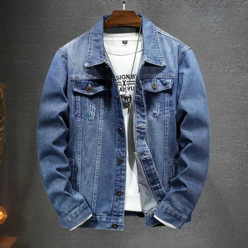 Autumn Denim Jacket Men Turn Down Collar Coat for Retro Hip Hop Style with Multi Pockets Casual Streetwear 250614