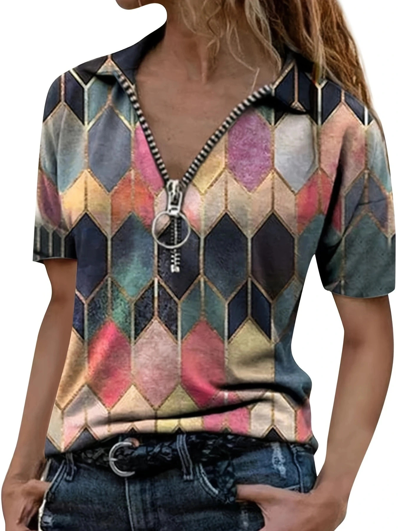 Versatile All-Season Womens Polo Shirt- Easy-CareStretch Comfort with Stylish Zip and Geometric n for Everyday Casual Wea 250609