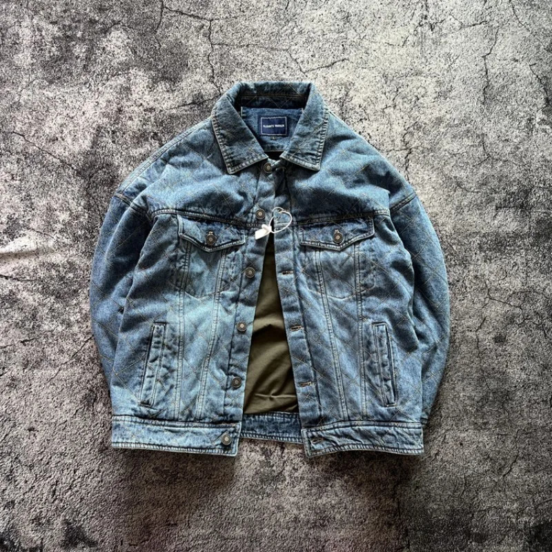 American Retro Super Heavyweight Warm Diamond Grid Thick Denim Jacket Autumn Winter Wind Resistant Cotton Padded Coats for Men 250614