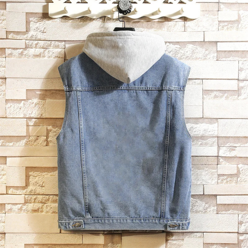 Mens Spring/Summer Autumn Denim Vest Jacket Teenagers Black Leisure Hooded Vests Coat Plus Size Waistcoat M-5XL 250614