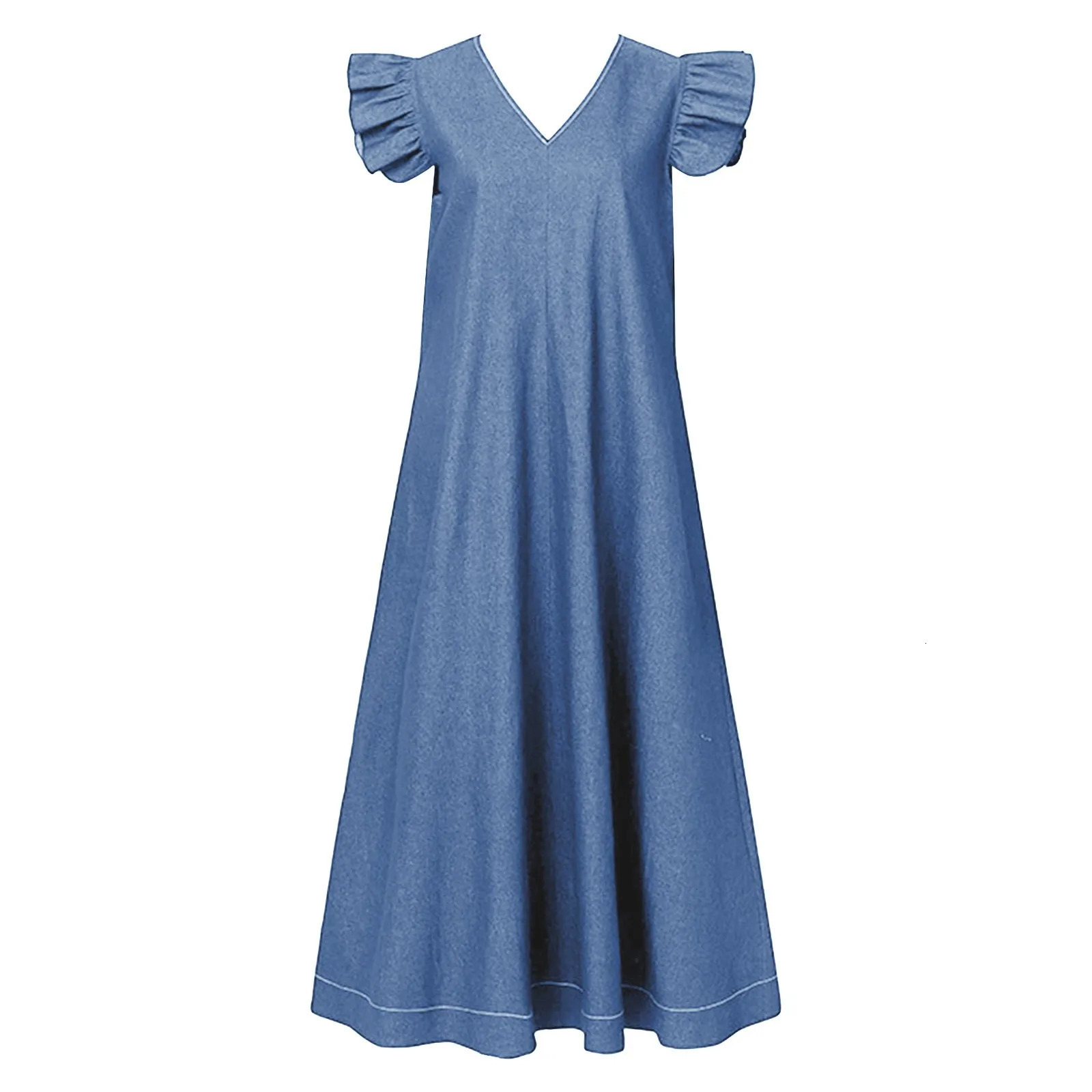 Plus Size 5XL Casual Woman Denim Dress Summer Petal Sleeve Jean Short Sleeve Long Dresses Loose Oversized Maxi Dress Robe 250609