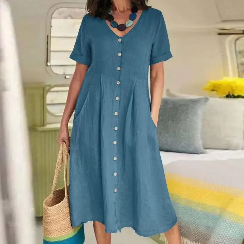 Spring Summer Independent Station Solid Color LooseFit HighWaisted Cotton Linen Dress 250611