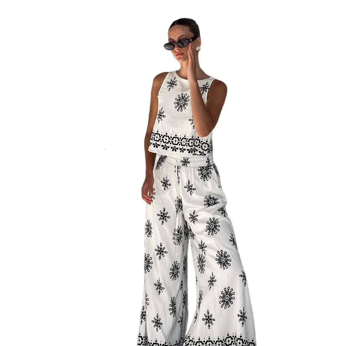 Casual Fashion Womens Sleeveless Top And Wide Leg Pants Set 2025 CrossBorder Print Womens Clothing Ensemble Linen Material 250609