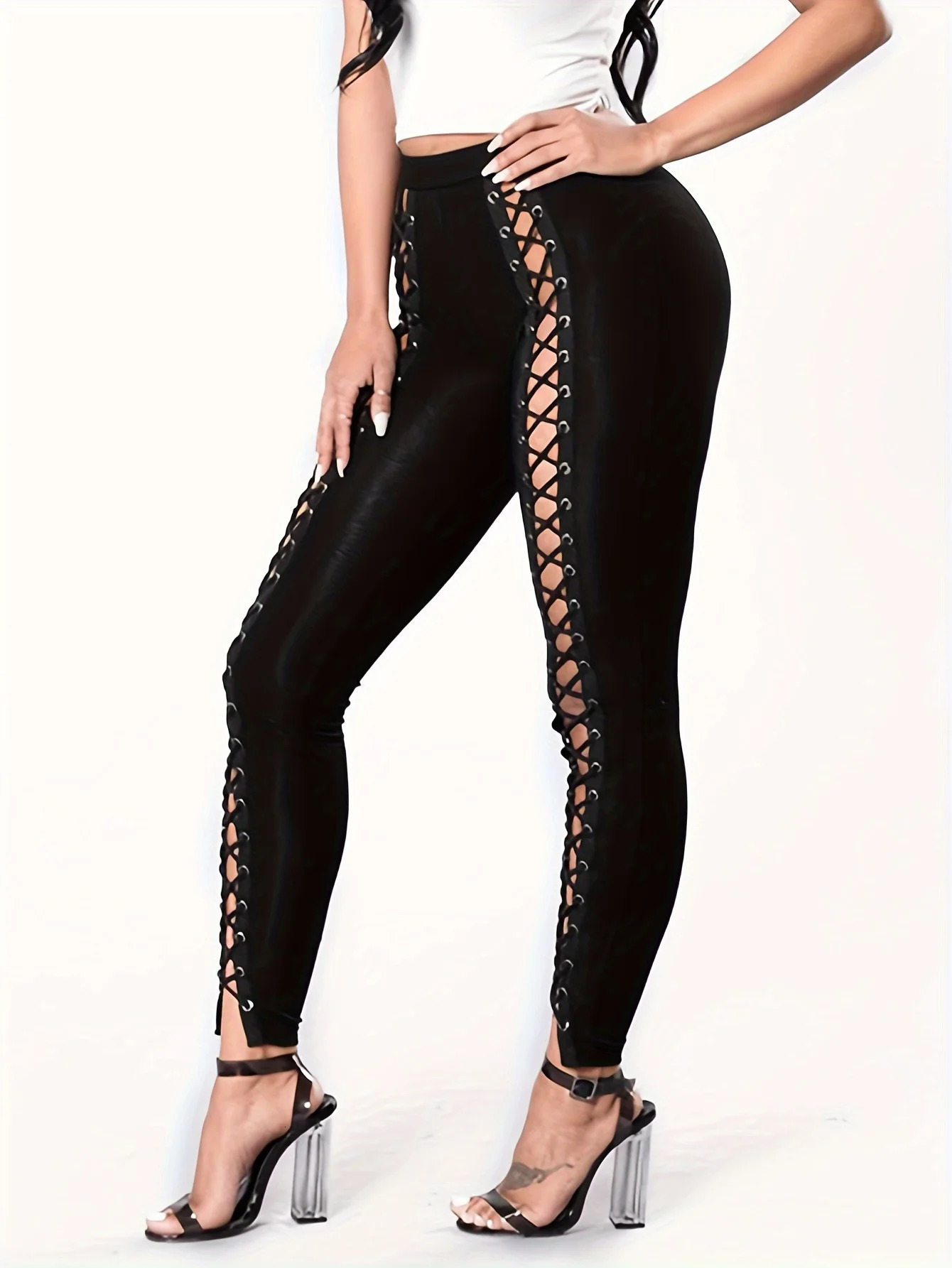 womens patchwork ninepoint pants front corns lacing leggings with straps wearing small legs sexy tight black 250612