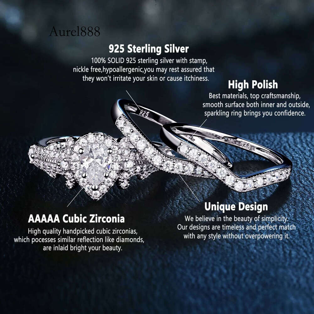 Newshe 3 Pcs Sterling Sier Wedding Rings for Women 1.4 Ct Pear Shape AAAAA CZ Engagement Ring Set Jewelry NR5015