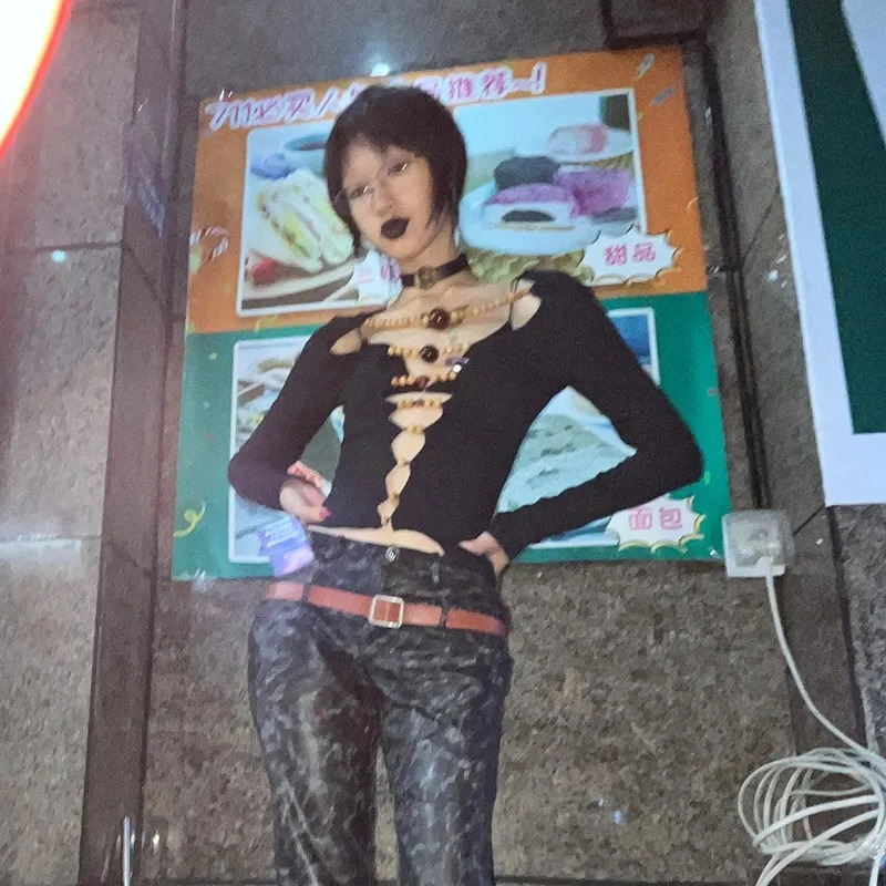 Karrram Japanese Y2k Hollow Out Tops Vintage Harajuku Beaded T Shirt 2000s Aesthetics Long Sleeve Slim T-shirts American Retro 250614