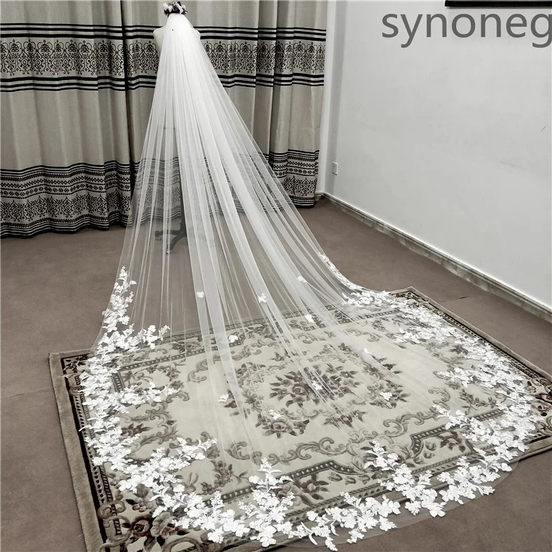 One Layer Cathedral Wedding Veil /4m/5m White Lace Edge Bridal Veil with Comb Ivory Appliqued Real Po 4m 5m 250603
