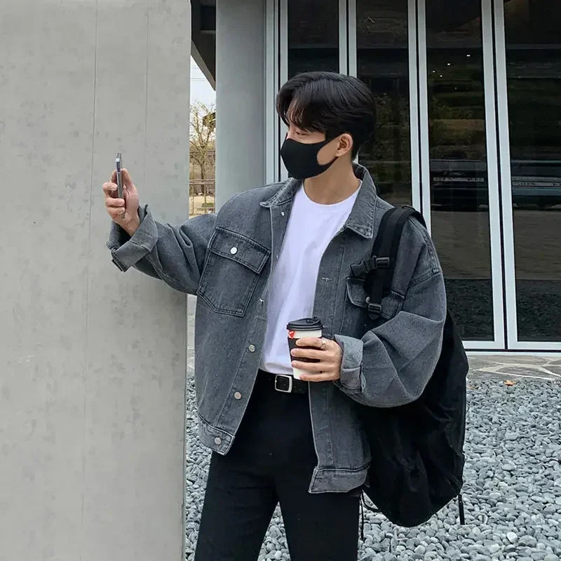 Mens Spring and Autumn Denim Jacket Korean Style Trendy Cool Loose Versatile TurnDown Collar Workwear Jacket 250614