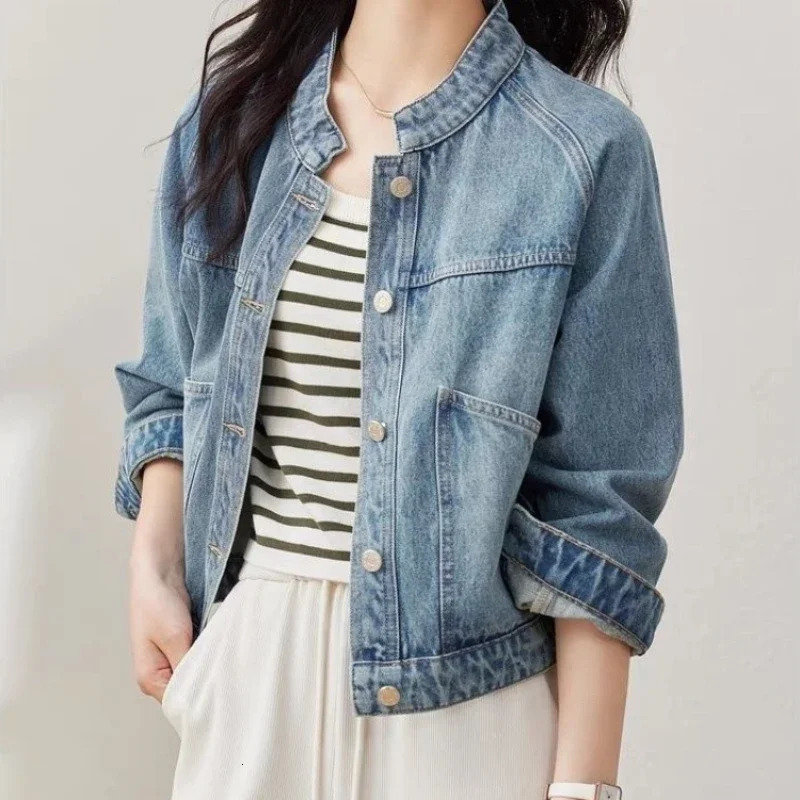 Bomber Denim Jacket for Women Plain Studded Stand Collar Cowboy Coat Woman Spring Autumn on Sale Trend Korean Outer Vintage 250609