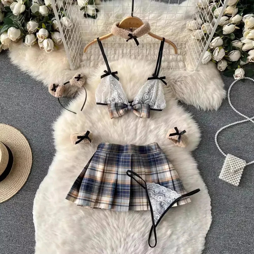 sweet 5 Pieces Sets Short Skirt Sailor Chic Womens Dress Sexy Pleated Suits Lace Bra Brief Plaid Mini Skirt Preppy Ins 250609