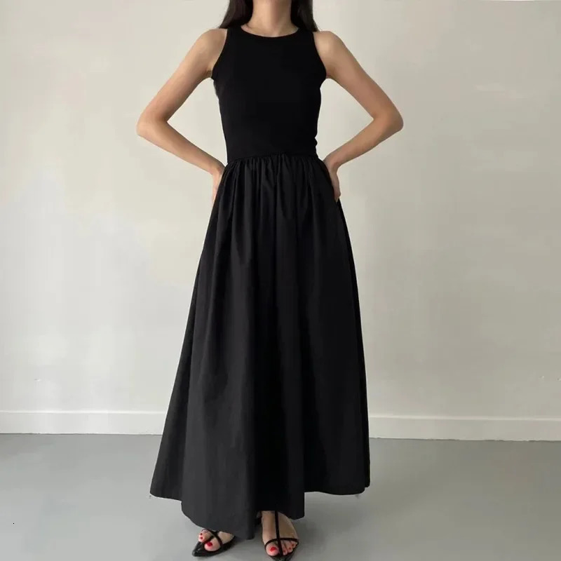 Summer Simple Elegant Black Long Dresses For Women Round Neck Sleeveless High Waist Temperament Female Fashion Style Dress 250611