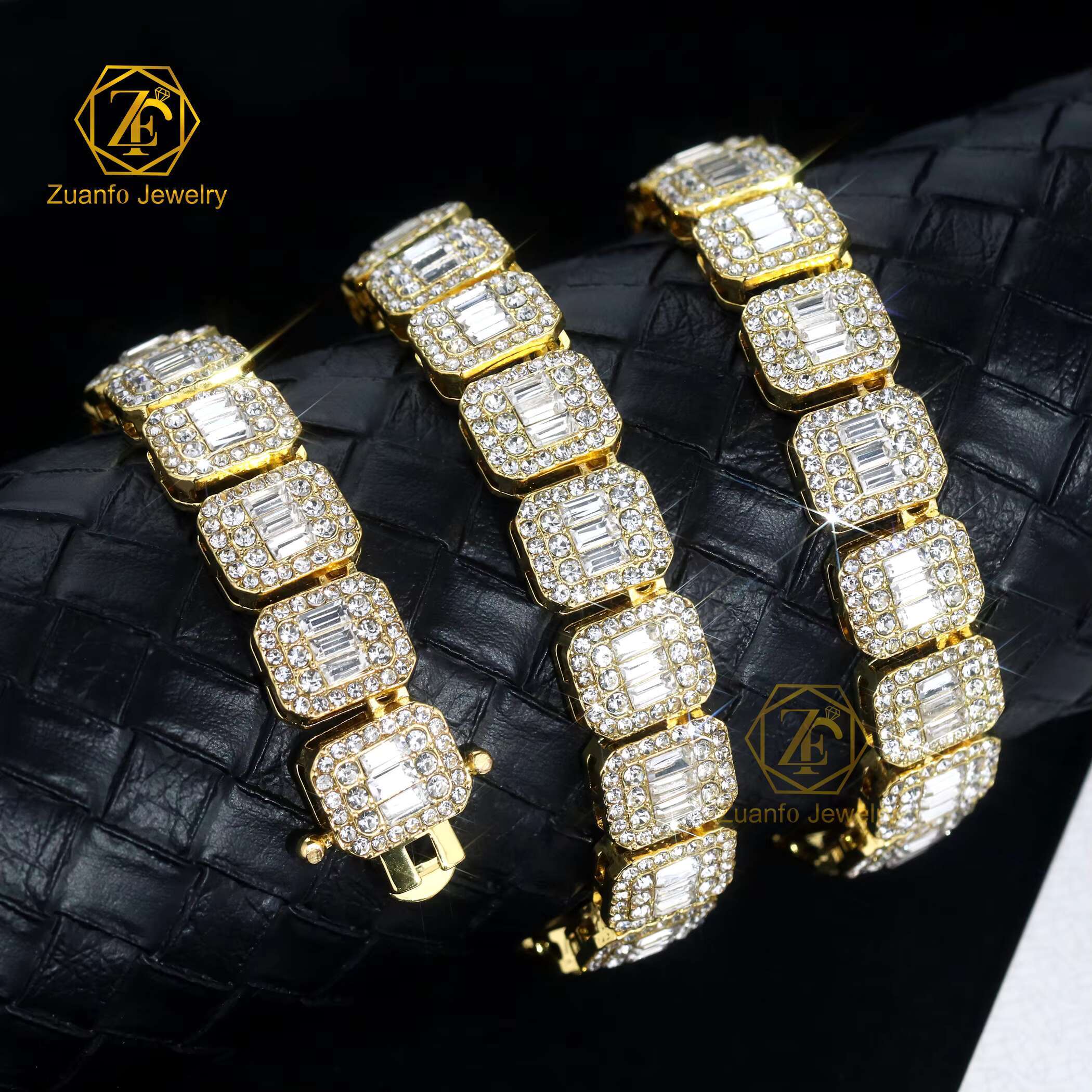 High Quality 925 Sterling Silver 18K Gold Plated Iced Baguette Diamonds Moissanite Waterproof Necklace Bracelet Link Chain Style