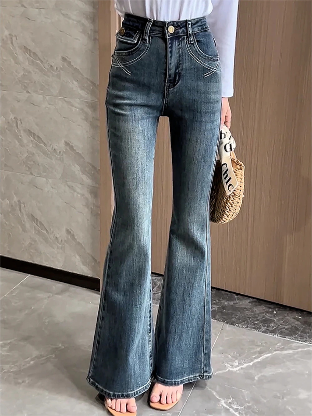 Aesthetic Fitted Woman Flare Jeans Retro Fashion Casual Slim Fit Denim Pants for Women In 2000s Y2k High Waist S Trousers 250612