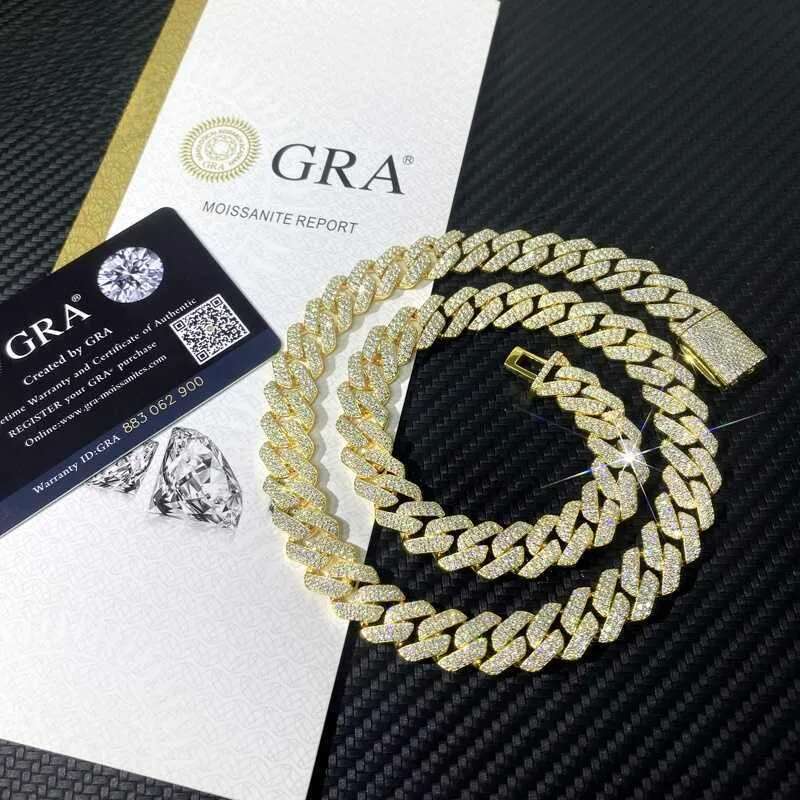 Pass Dia Tester GRA Moissanite dia 20mm Wide 2Rows sterling Sier Cuban link chain for Rapper Hip Hop Necklace
