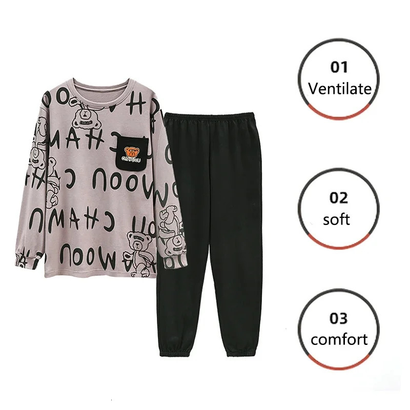 Two Piece Plus Size Men Pajamas Long Sleeve Loose Breathable Cartoon Bear Striped Letters Black Crew Neck Loungewear Set 250611
