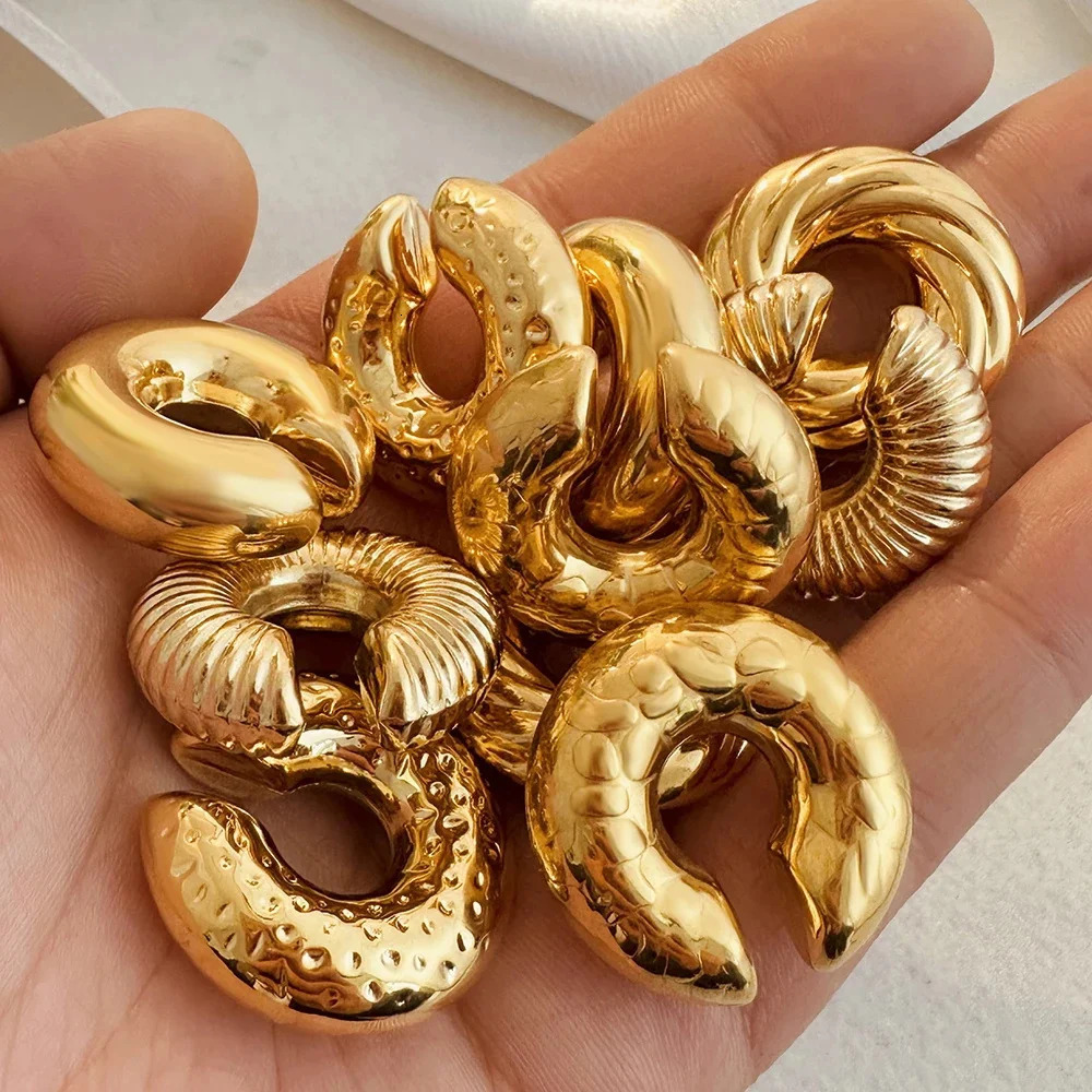 Punk Vintage Chunky Geometric Round Ear Cuff Stainless Steel Metal Texture Thick C Shape Non Piercing Ear Clip 250610