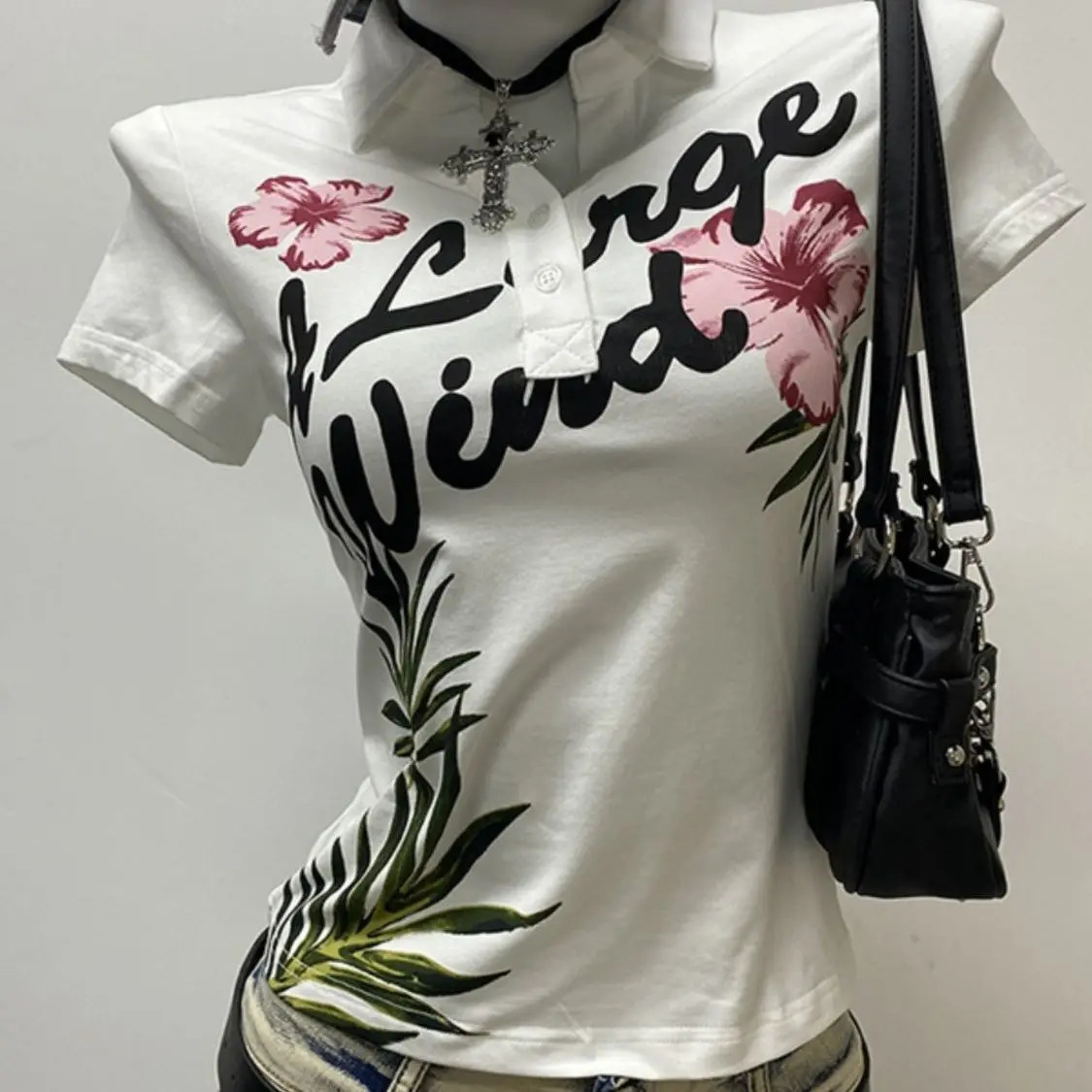 American Sweetwear Vintage Petal Printed Polo Shirts Short sleeved T-shirt for Womens 2025 Summer Harajuku Ladies Y2k Tops 250609