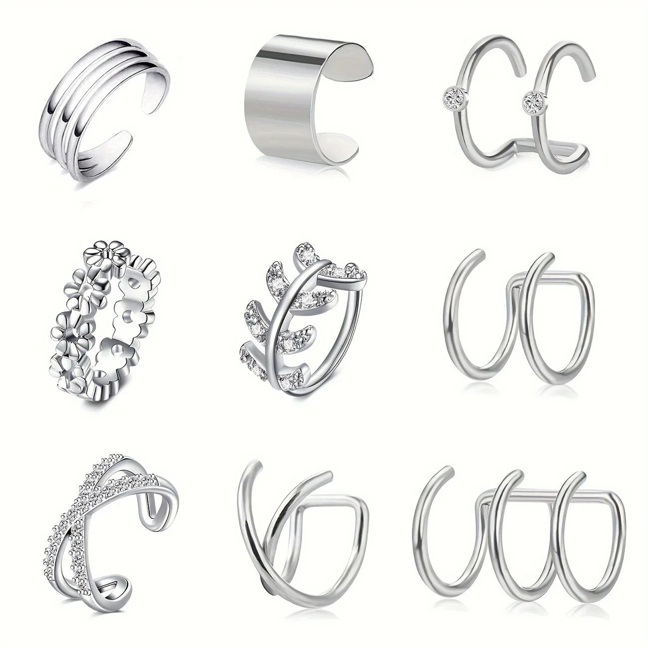 9pcs Stainless Steel Ear Cuff Set Rhinestone Non-Pierced Helix Earrings Simple Style Ear Clips for Men Women Daily Holiday Wear 250610