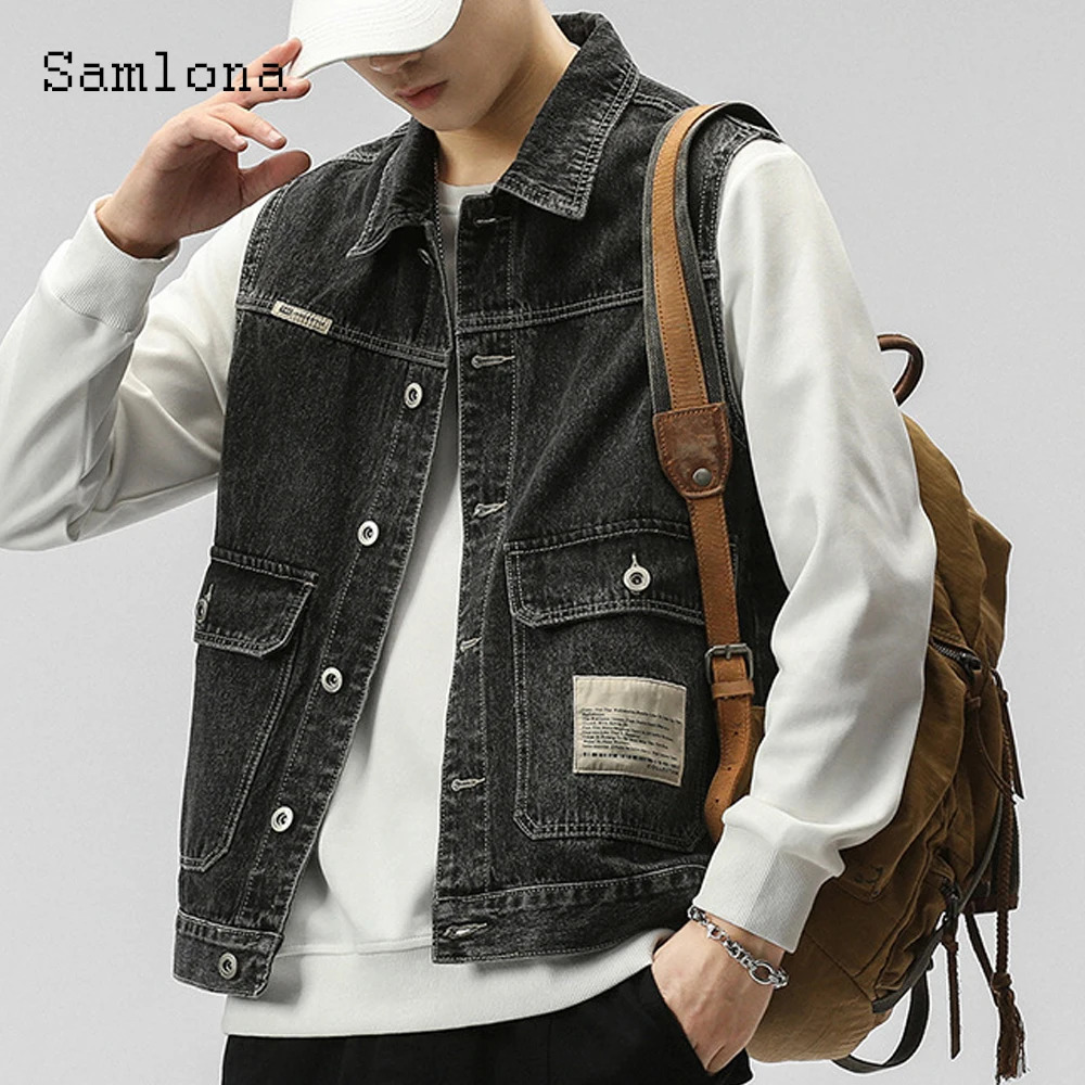 European Style Fashion Sleeveless Denim Vest Jackets Plus Size Mens Basic Top Vintage Stand Pocket Jean Outerwear 250614