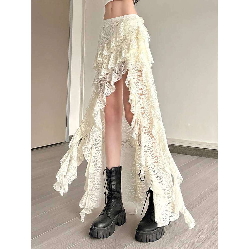 Weird Puss Tassels Women Skirts Chic Irregular Hem Multi-Layered Ruffles Lace Patchwork Summer Trend Skinny Versatile Bottoms