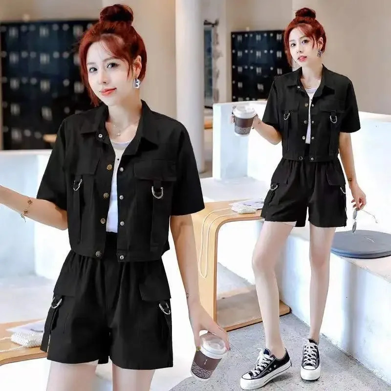 Womens Cropped Short Sleeve Lapel Jacket Summer Workwear Style Independent Station Shorts Trendy Casual Wear 250609