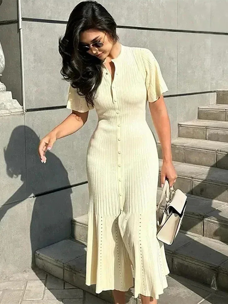 Elegant Knit Dress For Women White Slim Oneck Single Breasted Short Sleeve Long Dresses Female Spring Fashion Lady Robe 250611