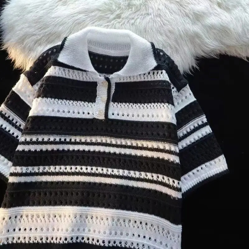 Dopamine Striped Knit Polo Shirt For Men Vintage Loose Short Sleeve Tops Fashion Hollow Out Knitting Color Blocked T-shirts 250614