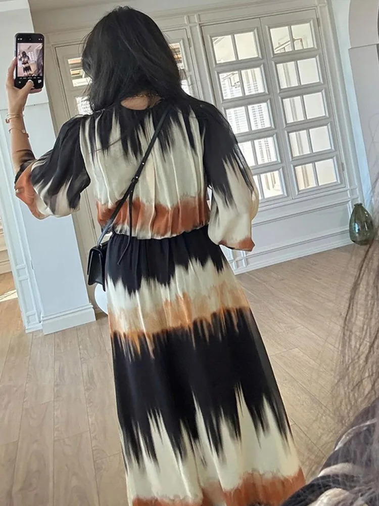 Women Print Full Sleeves V-neck Dresses Casual High Street Loose Thin Lace Up Split Maxi Vestido Summer Elegant Fashion Robe 250613