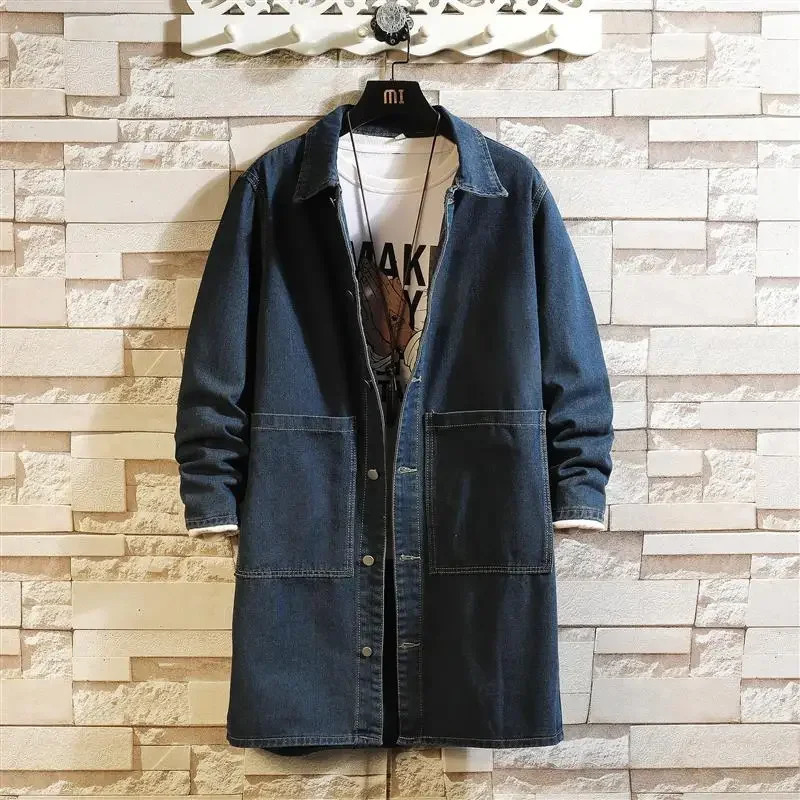 Mens Long Jean Jacket Winter Men Women Trend Big Pockets Turndown Collar Trench Coat Outerwear Fashion Black Loose Denim 250614