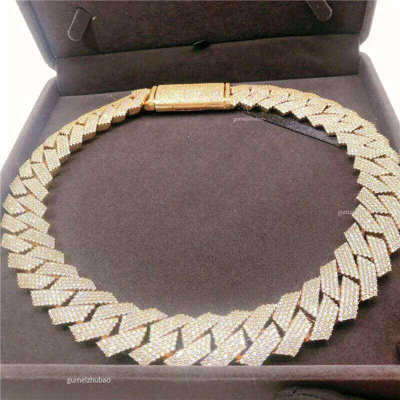 20Mm 4 Rows Hand Set Men's Necklace 10K Yellow Gold VVS Moissanite Dia Cuban Link Chain