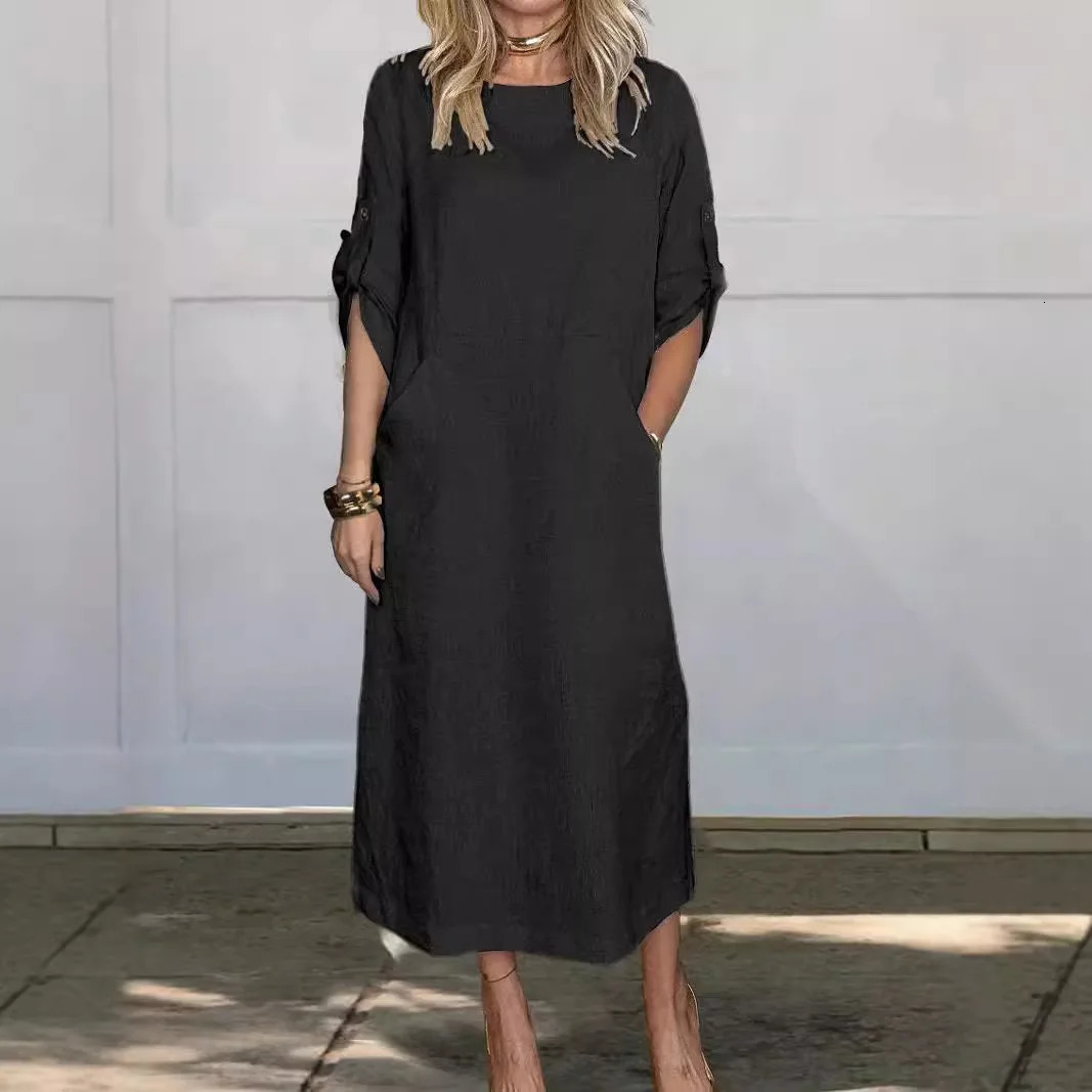 Cotton Linen Dress For Women Summer Loose Casual Solid Color Shortsleeved Pockets Long Dresses Elegant Womens Clothing 250611