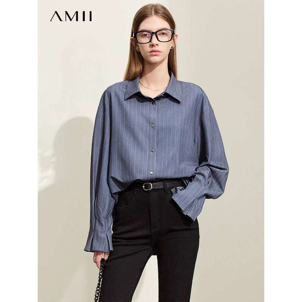 AMII Minimalism 2024 Women Shirts Spring New Commuter Striped Flare Sleeve Lapel Loose Mid-Length Trendy Shirt Female 12441071
