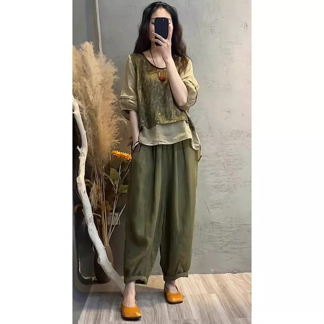 Summer Womens Cotton Linen Set Print Splicing Slimming TwoPiece Suit Fashionable Harlan Pants VNeck Short Sleeve Top 250609