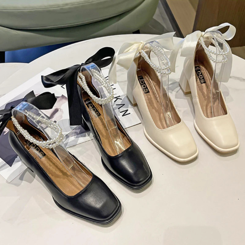 er Ladies High Heels Elegant Bow Square Toe Black High Heels Fashion Thick Heel Wedding Party Pearl Lace Wedding Shoes 250614