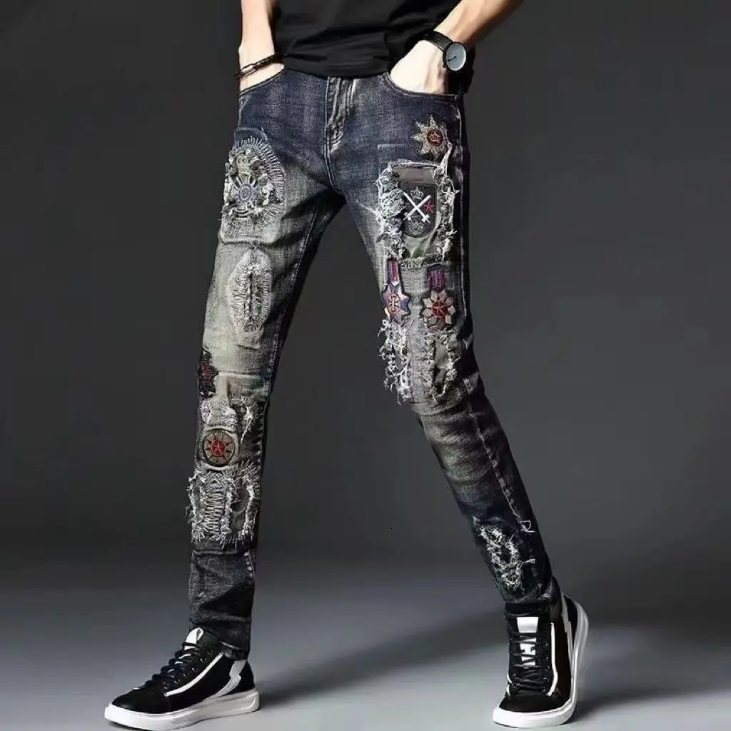 Ripped Hole Destroyed Punk Hip Hop Jeans Men Washed Vintage Brushed Stacked Denim Pants 250614