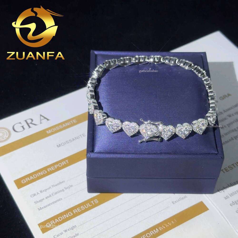 Fine 8mm Heart Shape VVS Link Bracelet Sier Moissanite Hip Hop Jewelry Cuban chain for men women