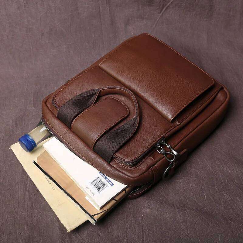 New Leather Handbag Top Layer Cowhide Vertical Briefcase Retro Men's One-Shoulder Messenger 12 Inch Ipad Bag NZPJ