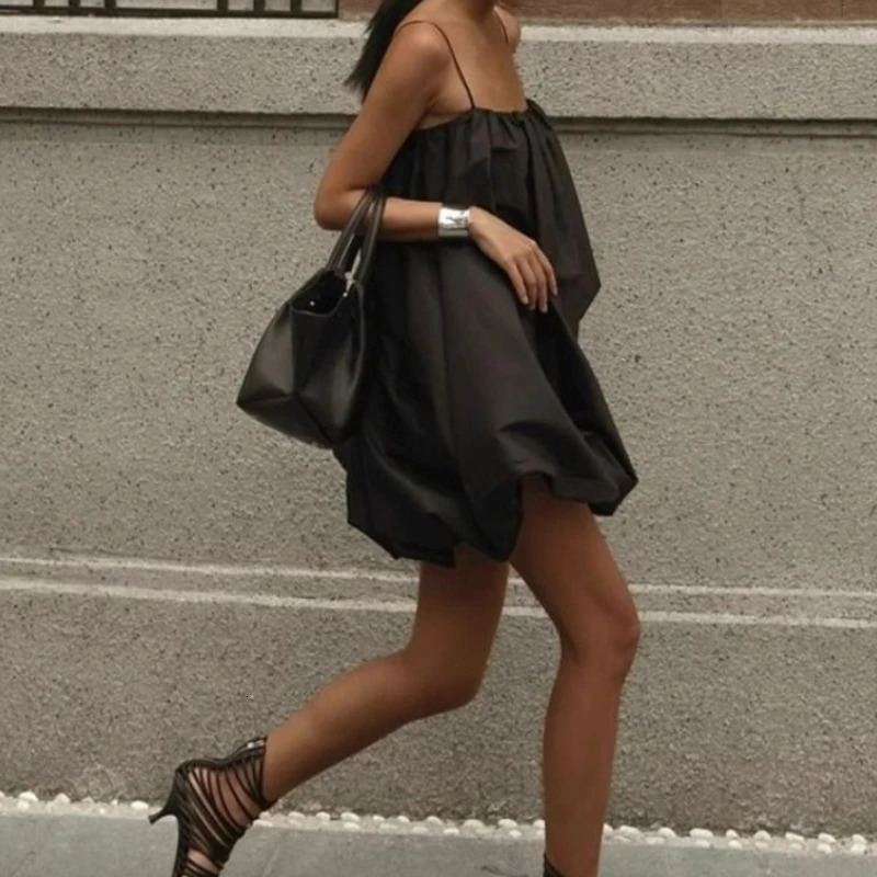 Summer French Elegant Black Loose Sling Womens Dress 250613