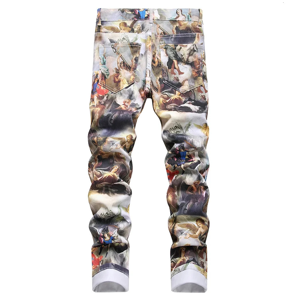 Men Classical Painting Print Jeans Fashion Angel Immortal Stretch Pants Streetwear Plus Size Printed Slim Tapered Denim Trousers 250614