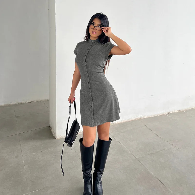 Elegant Gray Solid Button Shorts Dresses Fashion Women ONeck Single Breasted Bodycon Short Sleeve ALine Slim Commute Dresses 250611