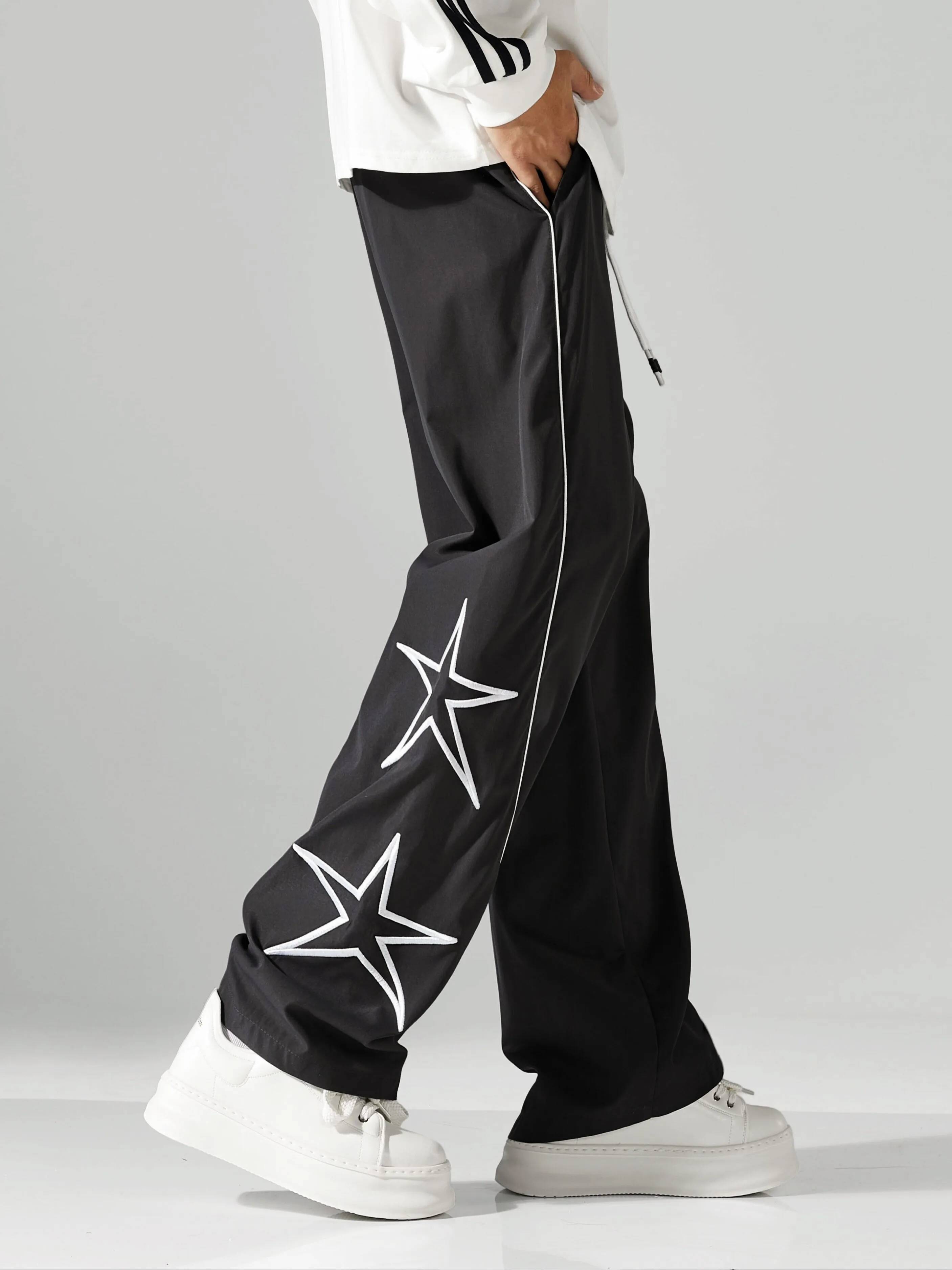 Larbulse Men Contrast Trim Star Trouser Fashion Casual Solid Color Breathable Loose Straight Drawstring Pants Streetwear